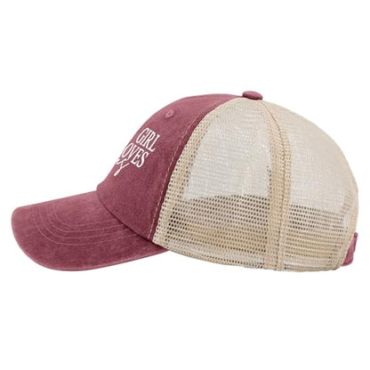 JUSTS A Girls WHO Loves Jesus Hats for Women Aesthetic Washed Distressed - color: Deep Rose