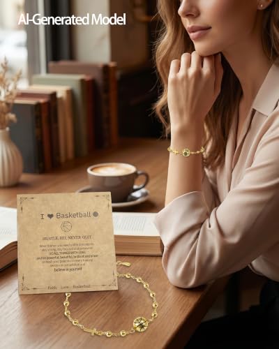 Gold-Tone Cross Link Bracelet with Sports & Heart Charms - Basketball Football Bracelet for Women, Faith-Inspired Christian Gifts for Women (Adjustable Chain) - color: Golden Basketball