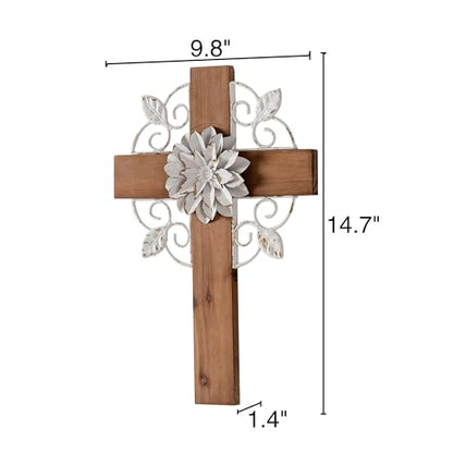 SOFE Rustic Crosses Wall Decor with Metal Floral, Handmade Distressed