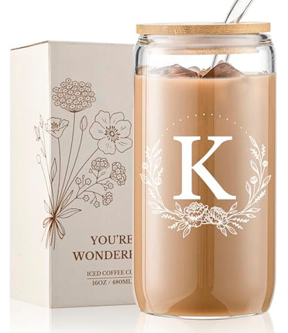 Personalized Gifts for Women, Monogrammed 16oz Glass Cups with Bamboo Lids and Straws, Customized Glass Tumbler, Cute Custom Mug, Customizable Initial Iced Coffee Glasses, Birthday Bridesmaid Mom, K - style: K
