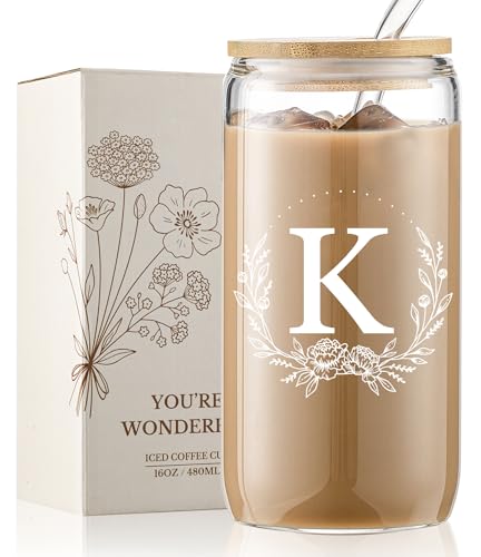 Personalized Gifts for Women, Monogrammed 16oz Glass Cups with Bamboo Lids and Straws, Customized Glass Tumbler, Cute Custom Mug, Customizable Initial Iced Coffee Glasses, Birthday Bridesmaid Mom, K - style: K