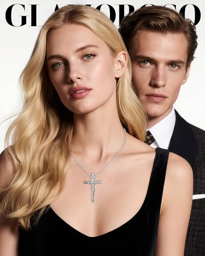 Crucifix Cross Necklace for Men and Women with Exquisite Jesus Pendant and Stainless Steel Chain 16-30 Inch - color: White Gold, size: 22 Inch=56CM(Men's Average Length), style: Medium Pendant-1.8"x1.1"