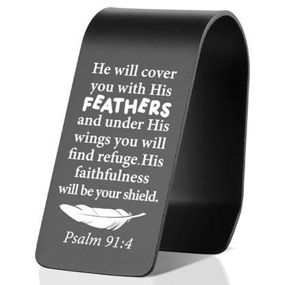 YODOCAMP Psalm 91:4 Christian Car Visor Clip Stainless Steel, He Will Cover You with His Feathers Engraved Scripture Reminder, Faith Based Safe Driving Gift, Religious Car Accessory TZC188 - color: Black-C188