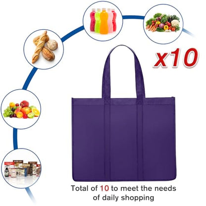Reusable Grocery Shopping Bags 10 Pack Large Foldable Tote Bags Bulk - color: Purple