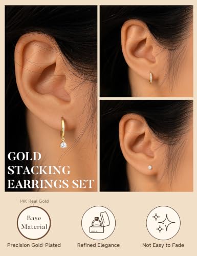Turandoss Gold Earrings Stack for Women Teen Girls, 14K Gold Plated - color: CZ Earring（Gold）