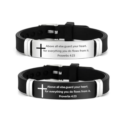 2Pcs Cross Bracelet with Bible Verse,Inspirational Quote Wristband Adjust Silicone Band Scripture Bracelets Faith Inspirational Baptism Gift Daily Reminder Jewelry for Men Women Couples - style: Proverbs 4 23