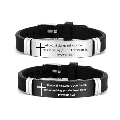 2Pcs Cross Bracelet with Bible Verse,Inspirational Quote Wristband Adjust Silicone Band Scripture Bracelets Faith Inspirational Baptism Gift Daily Reminder Jewelry for Men Women Couples - style: Proverbs 4 23