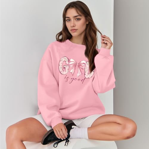 KEEVICI God Is Good Christian Sweatshirts for Women Bow Jesus Cute Bible Verse Sweatshirt Faith Religious Graphic Hoodies - color: Pink, size: Large