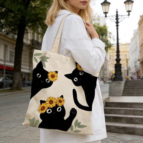 Canvas Tote Bags Reusable Shopping Bag for Women with Zippered Inner Pocket Magnetic Snap Closure - color: Black Cat 3