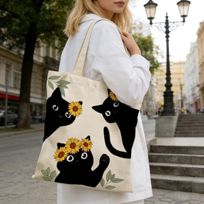 Canvas Tote Bags Reusable Shopping Bag for Women with Zippered Inner Pocket Magnetic Snap Closure - color: Black Cat 3