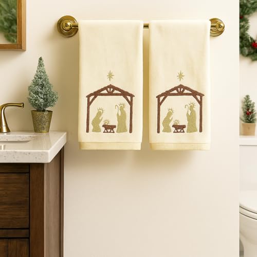Christmas White Guest Hand Bathroom Towels, Nativity Manger Jesus, 16x26" - color: Manger