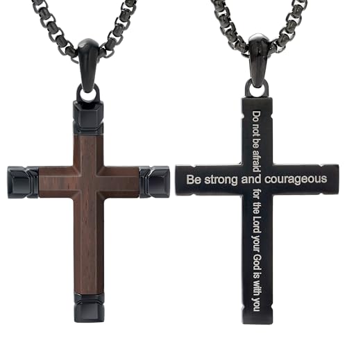 Wooden Cross Necklace for Men with Stainless Steel Adjustable Chain 24-26in, Christian Wood Crucifix Pendant Gift for Him - style: Ebony4