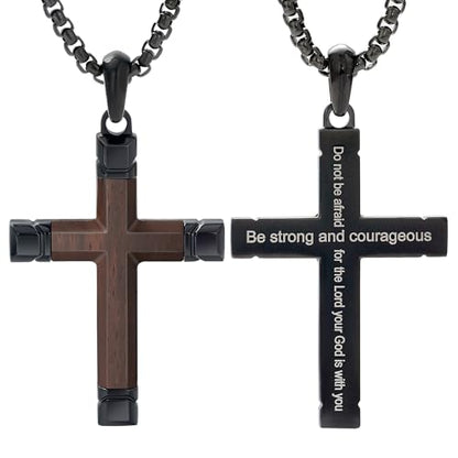 Wooden Cross Necklace for Men with Stainless Steel Adjustable Chain 24-26in, Christian Wood Crucifix Pendant Gift for Him - style: Ebony4