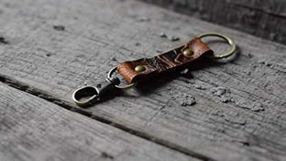 JJNUSA Brown Leather Key chain flower pattern with Easy Clasp Key Wrist Lanyards Holder