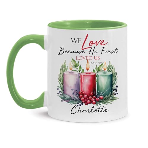 We Love Because He First Loved Us Cup, Custom Candle Design Coffee Cup, Bible Verse Coffee Cup For Men, Personalized Name Inspirational Mug, Customized Christian Cup 11oz Or 15oz - color: TRI-1223-1154-WE LOVE MUG