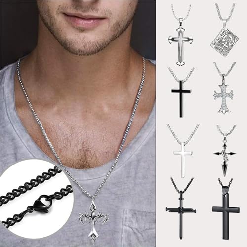 ywevyezc 12/24PCS Cross Necklace for Men, Mens Necklaces Jewelry Set Silver Chain Stainless Steel Cross Pendant Goth Necklace for Boys 16-24 inches Chain - style: 12pcs Men's Necklace