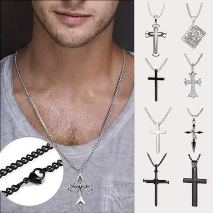 ywevyezc 12/24PCS Cross Necklace for Men, Mens Necklaces Jewelry Set Silver Chain Stainless Steel Cross Pendant Goth Necklace for Boys 16-24 inches Chain - style: 12pcs Men's Necklace