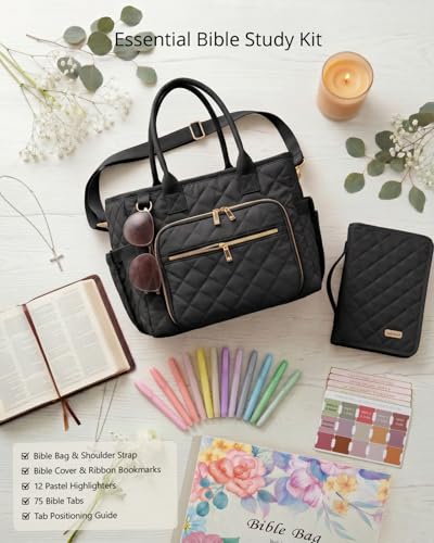 Large Bible Bag with Bible Cover Case for Women, Quilted Bible Tote Bag - color: Black