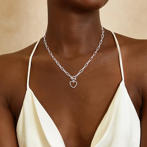 CHESKY Cross Necklace for Women Trendy, Dainty 14K Gold Plated Paperclip Charm Necklace for Womens Chunky Cross Pendant Necklace Gold Jewelry Religious Christian Gifts for Christians - color: Heart-SL