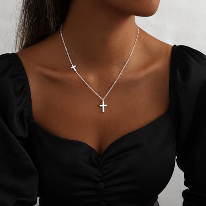 Cross Necklace for Women 14K Gold Silver Plated Small Cross Necklace Dainty Cross Pendant Choker Simple Trendy Cute Sideway Cross Charm Chain Necklaces for Women Trendy Christian Baptism Religious Faith Jewelry Gifts - size: Silver-153