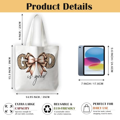 Coquette Bow Leopard Print Christian Canvas Tote Bag for Women, Cheetah Print God Is Good Bible Verse Reusable Shoulder Bag for Work Beach Travel and Shopping Grocery