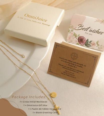 Initial Cross Necklace for Women, Stainless Steel Christian Necklace, Faith Jewelry Gift with Bible Verse Card and Gift Box