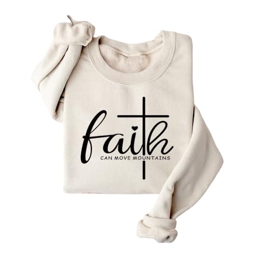 Christian Sweatshirts for Women Faith Can Move Mountains Sweatshirt - color: Beige, size: X-Large