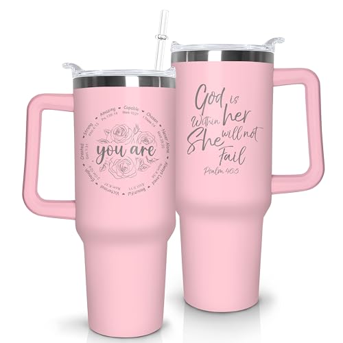 Christian Tumbler with Handle and Straw, 40 oz Vacuum Insulated Water Bottle Stainless Steel, Leak Proof Travel Mug, Inspirational Religious Belief Gifts for Her Women Girl Christmas Mothers Day - color: Pink