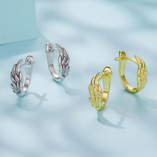 Turquoise Cross Hoop Earrings for Women 14K Gold Plated Infinity Angel Feather Pearl Turquoise Cross Star Hypoallergenic Post Christan Everyday Huggie Jewelry Gift - color: Silver Gold Wings