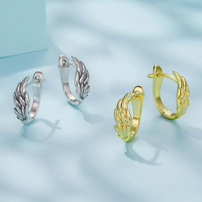 Turquoise Cross Hoop Earrings for Women 14K Gold Plated Infinity Angel Feather Pearl Turquoise Cross Star Hypoallergenic Post Christan Everyday Huggie Jewelry Gift - color: Silver Gold Wings