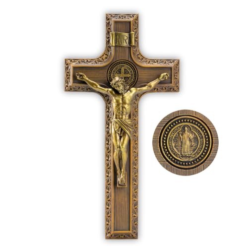 DevotedWalls Saint Benedict Crucifix for Wall–12" H Catholic Cross with Medal, Gold-Toned Finish St Benedict Crucifix with Jesus Christ Sculpture for Living Room, Bedroom, or Church Wall Decor - size: 12"L x 6.4"W