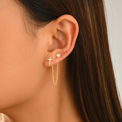 925 Sterling Silver Cross Heart Chain Stud Earring for Women - color: Golden