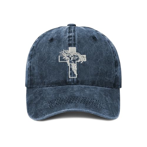 Christian Jesus Cross Hat - Faith Adjustable Vintage Washed Cotton Baseball Cap for Men Women - Religious Gifts - color: Embroidery Navy Blue
