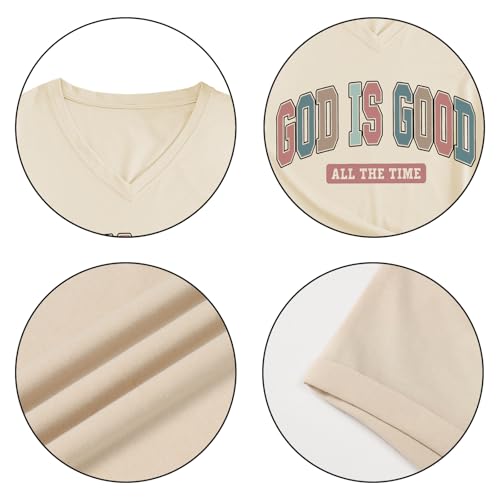 Christian Shirts for Women God is Good Tshirts Religious Faith Graphic T-Shirts Jesus Bible Verse V Neck Tees Tops - color: Beige, size: Large