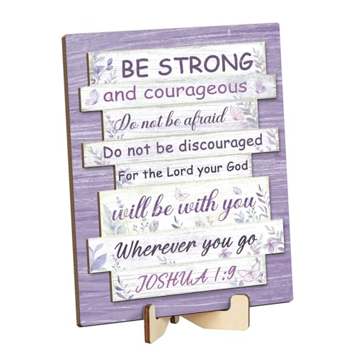 Putuo Decor Bible Verse Religious Sign – Be Strong and Courageous Joshua 1:9, Double Layer Plaque with Wooden Base, Christian Scripture Inspirational Table Decor for Prayer Room, Gift for Catholic - color: Purple Joshua 1:9