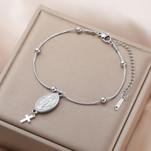 VASSAGO Virgin Mary Bracelet for Women Men Double-Sided Virgen de Guadalupe Rosary Bracelet Medal Handmade Braided Rope Catholic Christian Religious Jewelry Gift - color: Silver 13