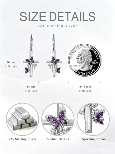 Butterfly Earrings for Women 925 Sterling Silver Birthstone Butterfly Cross Rose Dangle Earrings Elegant Butterfly's Jewelry Gift for Birthday Valentines Day Christmas - color: 2-February