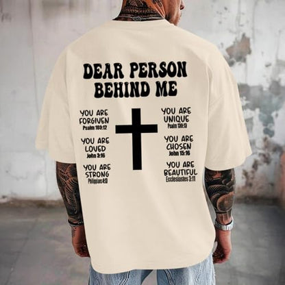 Mens Christian Bible Verse Shirts Dear Person Behind Me T Shirt Religious Jesus Inspirational Cross Graphic Tees - color: Apricot, size: Small
