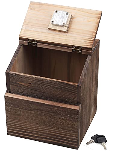 Wood Charity Donation collection Box Office suggestion Ballot Box With wide slot for envelopes and suggestion comment forms, Pocket and Locking Hinged Lid & Pen for Table Or Countertop(Rustic-Brown) - color: Rustic-Brown