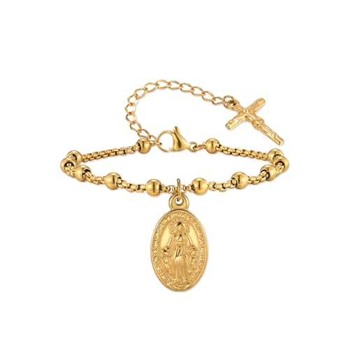 Rnivida 14K Gold Plated Stainless Steel Catholic Rosary Bracelet for Women,Religious Gift for Confirmation Baptism First Communion Easter - color: Gold 01