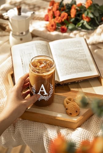 Personalized Gifts for Women, Monogrammed 16oz Glass Cups with Bamboo Lids and Straws, Customized Glass Tumbler, Cute Custom Mug, Customizable Initial Iced Coffee Glasses, Birthday Bridesmaid Mom, A - style: A