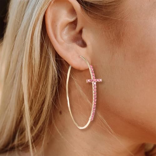 Large Cross Hoop Earrings for Women Sparkly Rhinestone Statement Jewelry for Prom Wedding Party Night Out Accessories Shiny Silver Tone Fashion Dangle Earings - color: Pink