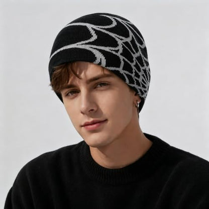 Unisex Stretch Warm Winter Skull Cap, Cold Weather Knit Beanie - color: Grey Spider Web Pattern