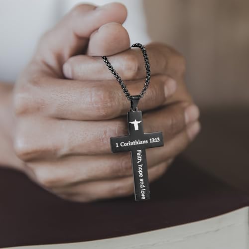 Ecally 8 Pcs Christian Cross Necklace for Men Father Religious Black Silver Stainless Steel Cross Church Gift USA Flag Chain - color: Black