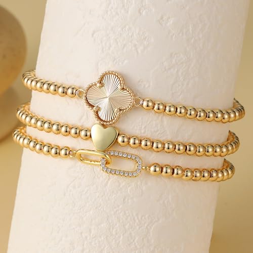 GINAZAL Gold Bead Bracelet for Women, Hypoallergenic Fade-Resistant | Brass | 14K Gold |Cubic Zirconia - color: Heart
