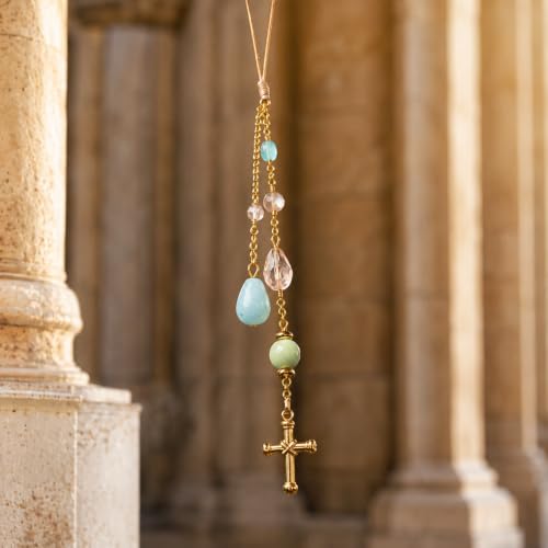 Christian Rearview Mirror Car Charm, Sun Catcher for Faith and Protection - color: Gold-Pastel