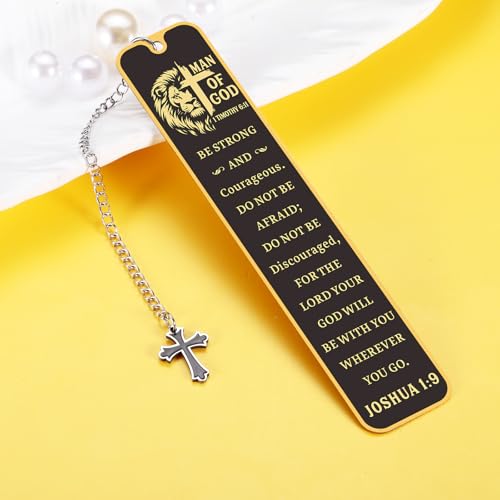 Christian Bookmark Man of God, Inspirational Lion Bible Verse Bookmark with Cross Pendant, Religious Scripture Verse Bookmarks for Man Accessories Church Confirmation Baptism Easter for Pastor Men - style: Be strong and courageous
