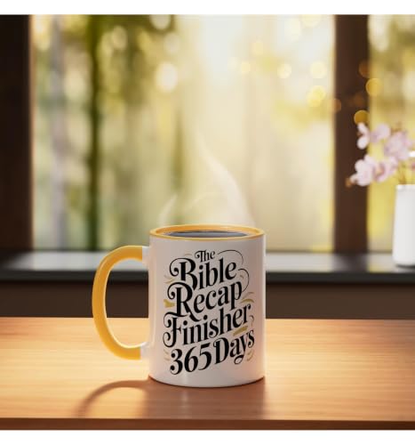 The Bible Recap Finisher 365 Days Funny Jesus Youth Ceramic Mug, Yellow/White - color: Yellow/White, size: 11 Ounces