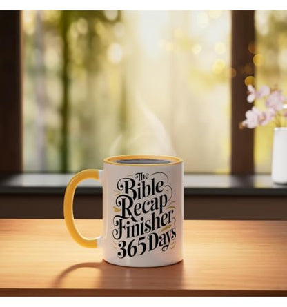 The Bible Recap Finisher 365 Days Funny Jesus Youth Ceramic Mug, Yellow/White - color: Yellow/White, size: 11 Ounces