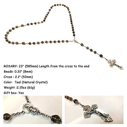 Rosary Beads Chaplet Purple Natural Amethyst Crystal Rosery Cross Catholic gifts - color: Teal